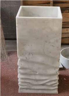 Artistic Wavy Layered White Carrara Marble Pedestal Basin