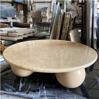 Beige Travertine Round Dining Table With Spherical Pedestal