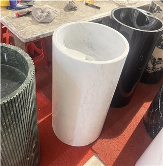 Bianco White Carrara Marble Cylindrical Pedestal Wash Basin