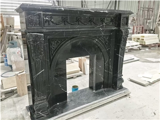 Black Nero Marquina Marble Hand-Carved Victorian Style Fireplace