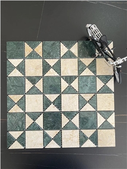 Green & Beige Square-Triangle Pattern Marble Mosaic Tiles