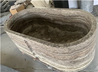 Honed Silver Brown Travertine Oval Freestanding Bathtub
