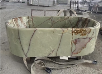 Honed Veined Green Onyx Oval Freestanding Bathtub