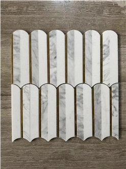 Oval & Fan White Marble Mosaic Tiles With Brass Accents