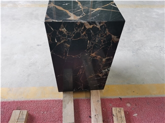 Polished Black Nero Portoro Marble Cube Pedestal Side Table