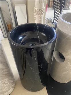 Polished Black & White Marble Cylindrical Pedestal Basin