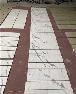 Polished Bookmatched Bianco Carrara White Marble Stairs