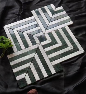 Polished Green & White Strip Geometric Shapes Mosaic Tiles