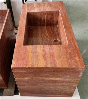Polished Iran Red Travertine Rectangle Pedestal Wash Sinks