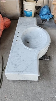 Polished Solid White Carrara Marble Bathroom Vanity Top With An Integrated Sink
