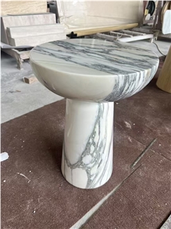 Polished White Arabescato Carrara Marble Side Pedestal Table