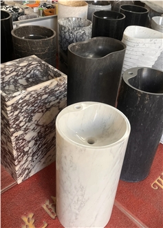 Polished White Carrara Marble Cylindrical Pedestal Basin