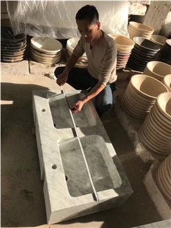 Polished White Marble Integrated Rectangular Double Sink