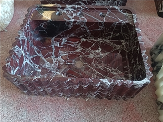 Custom Polished  Rosso Levanto Marble Fluted Vessel Sink