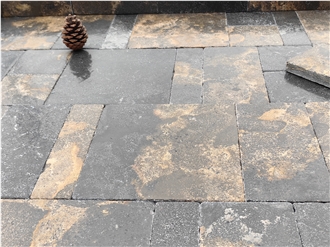 Leatherd Surface Yellow And Black Limestone Tiles