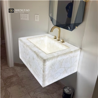 Backlit White Crystal Quartz Bathroom Vanity Tops With Sink