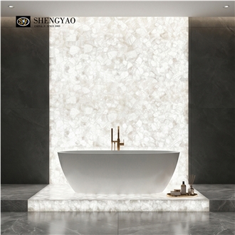 Backlit White Crystal Quartz Semi Precious Stone Wall