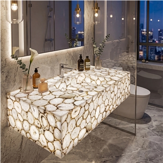 Natural White Agate Backlit Bathroom Vanity Tops With Sink