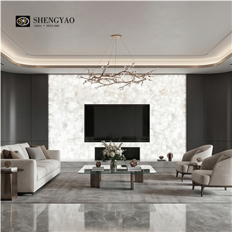 Solid Translucent White Crystal Semiprecious Slabs TV Wall