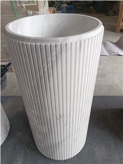 Round Freestanding Jazz White Marble Fluted Pedestal Sink