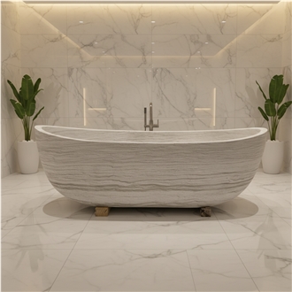 White Wooden Marble Freestanding Bathtub For Bathrooms