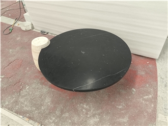 Nero Marquina Marble Table With Beige Travertine Legs