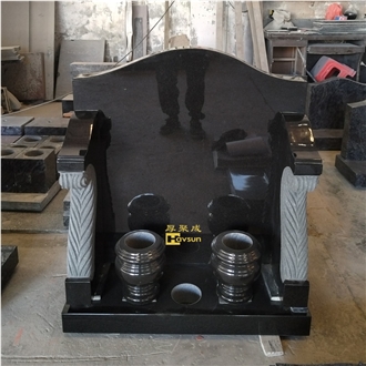 Black Granite Carved Pillar Supports With Matching Black Granite Vases For Floral Tributes