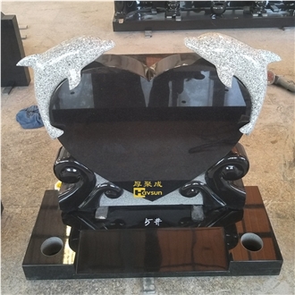 Indian Black Granite Heart Headstone With Carved  Dolphine