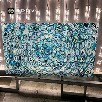 Custom Unique Patterns Backlit Blue Agate Gemstone Slabs