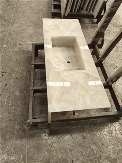 Crystal White Quartzite Integrated Sink Bathroom Countertop Unit