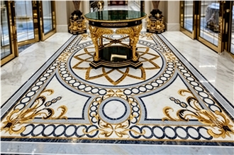 Bespoke Square Waterjet Marble Inlay Lobby Floor Carpet Medallion