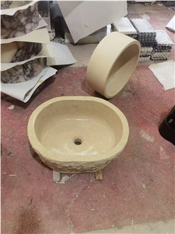 Beige Limestone Oval Shape Bathroom Basin
