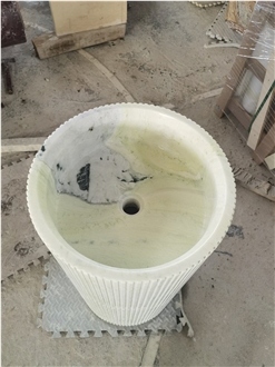 Fluted Surface Green Marble Pedestal Sink For Bathroom