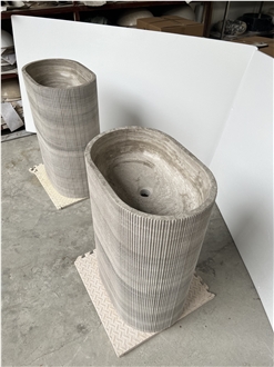 Fluted White Wooden Marble Pedestal Basin For Bathroom