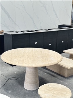 Natural Light Beige Travertine Stone Round Table