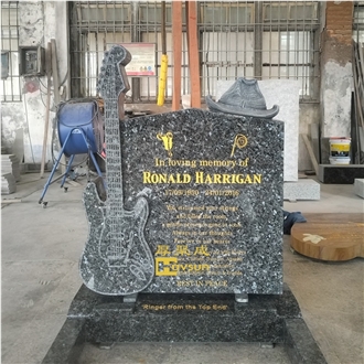 Blue Pearl Granite Guitar With Cowboy Hat Memorial Headstone