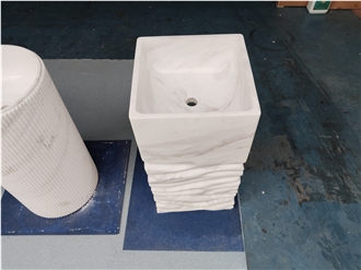 Modern 3D Wave Carved Finish Volakas Marble Pedestal Sink