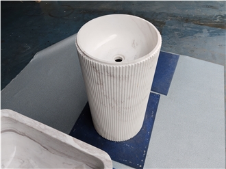 Modern Fluted White Volakas Marble Pedestal Sink