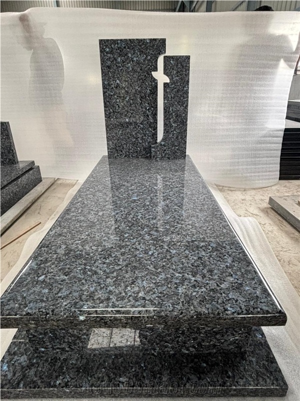 Blue Pearl Granite Cross Carved Headstone