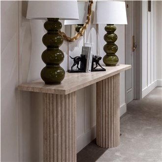 Light Travertine Fluted Leg Console Table