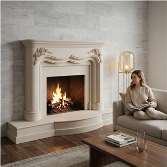 Sandy White Limestone Modern Style Fireplace