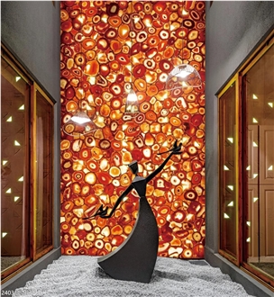 Backlit Red Semiprecious Stone Slabs For Wall Use