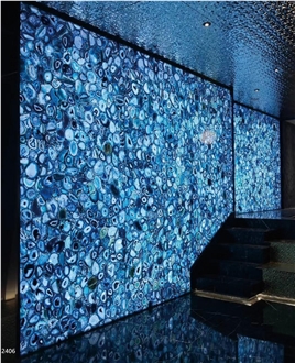 Blue Agate Semiprecious Stone Slabs Backlit For Wall Use