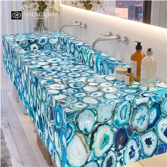 Backlit Translucent Stone Blue Agate Bathroom Vanity Tops