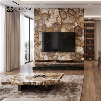 Custom Brown Solid Petrified Wood Semi Precious Stone Wall