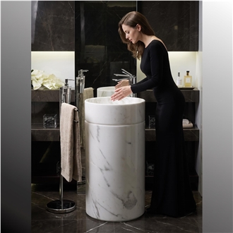 Round Column Base Wash Basin In Carrara Marble