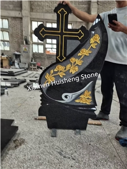 Black Granite Engraved Gold Flower Headstone