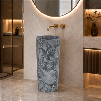 Custom Grey Marble Freestanding Pedestal Basin For Hotels