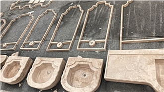 Hand-Carved Natural Travertine Wall-Mounted Scalloped Bathroom Basins