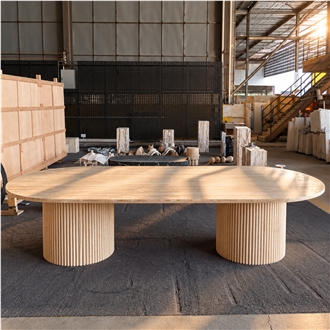 Large Oval Natural Travertine Dining Table With Fluted Base